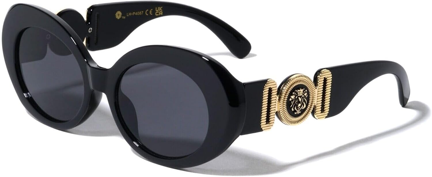 

Женские солнцезащитные очки Dweebzilla круглой овальной формы с золотым медальоном в виде головы льва и «глаза насекомого», Glossy Black & Gold Metallic Frame - Black Lenses
