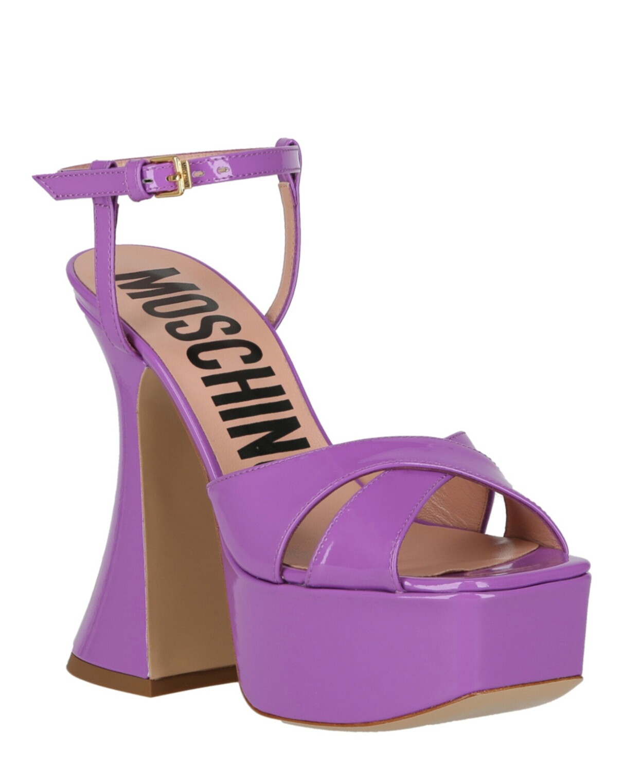 Босоножки на каблуке из лакированной кожи на платформе Moschino, фиолетовый