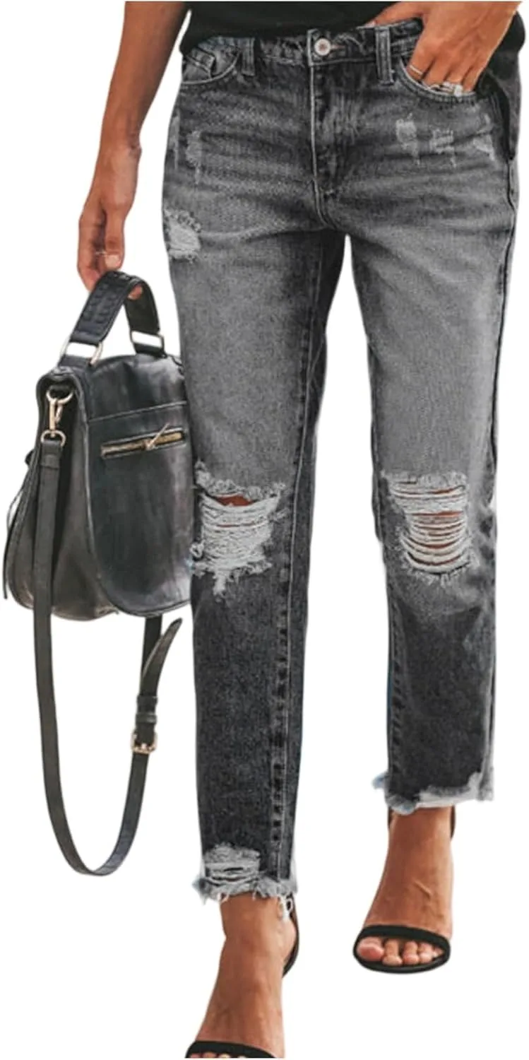 

Прямые джинсы для женщин Stretch High Waisted с потертостями и Raw Hem