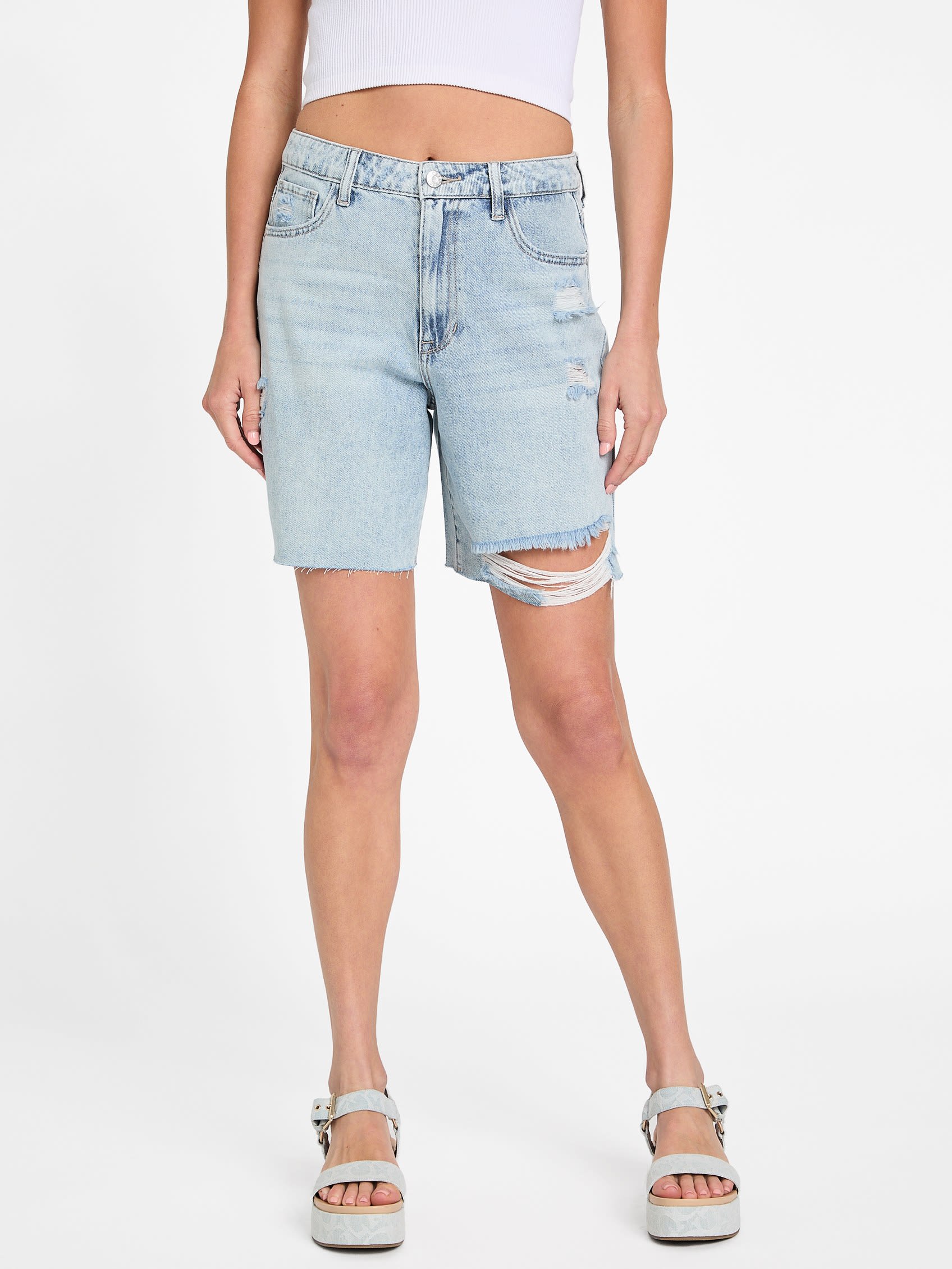 

Люси высокие джинсовые бермуды Guess Factory, Light Destroy Wash 30 Inseam
