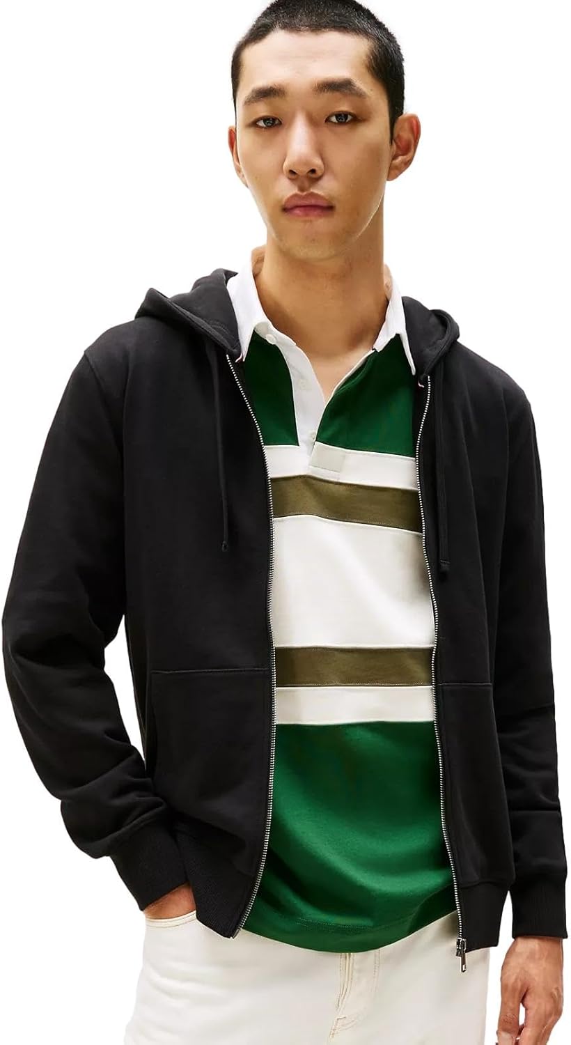 Мужская толстовка с капюшоном на молнии TOMMY HILFIGER Signature из флиса, коллекция 2025 года, Tommy Black. — фото 2