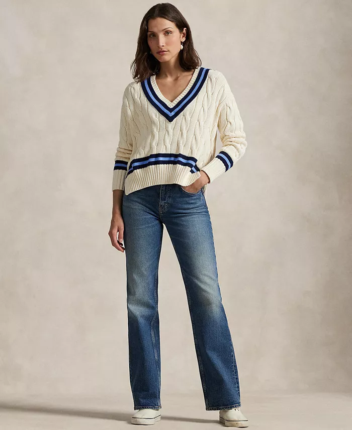 Женский хлопковый свитер для крикета с косичной вязкой Polo Ralph Lauren, белый — фото 2
