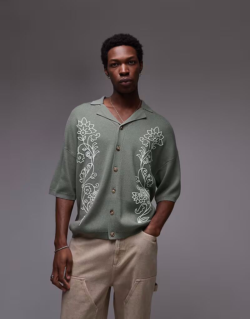 

Поло Topman Revere с двойной цветочной вышивкой в цвете шалфея