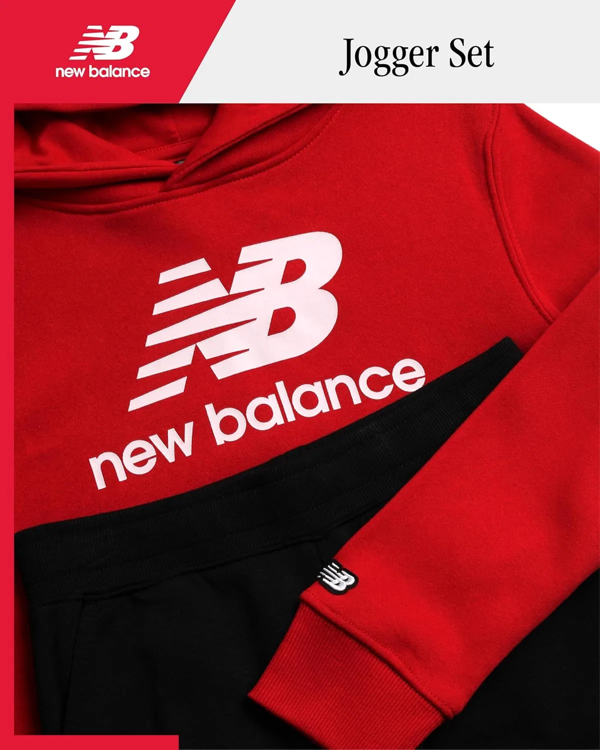 Детский спортивный костюм New Balance, 2 предмета: флисовая толстовка с капюшоном и джоггеры, цвет Red Black — фото 2