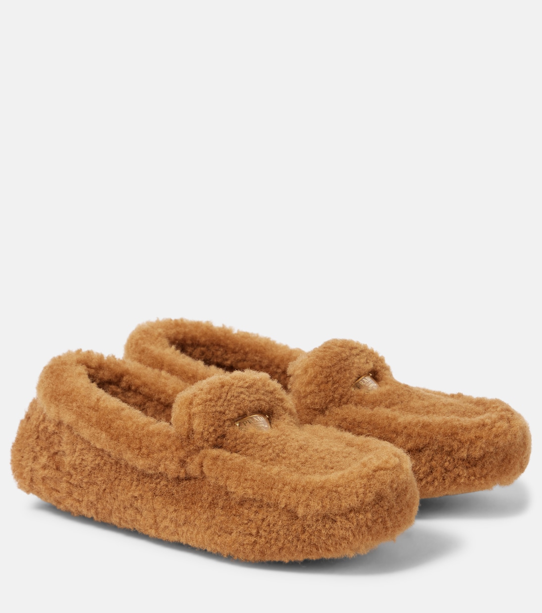 Замшевые лоферы с меховой подкладкой Prada, Caramel