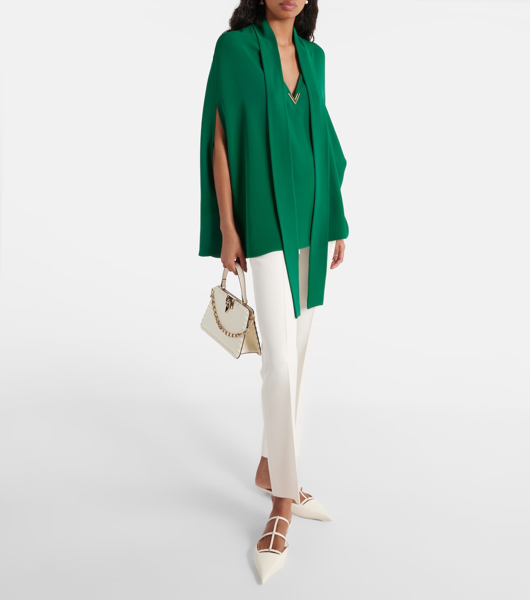 Шелковая блузка с завязкой на шее и пелериной Valentino, Basil Green — фото 2