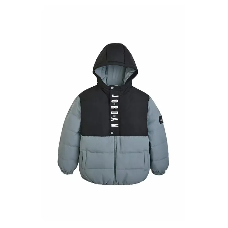 

Детские пуховики с капюшоном, утепленные, капюшон несъемный Jordan, светло серый/черный