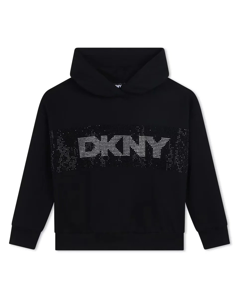 

Толстовка для девочки с капюшоном и логотипом из стразов DKNY, черный