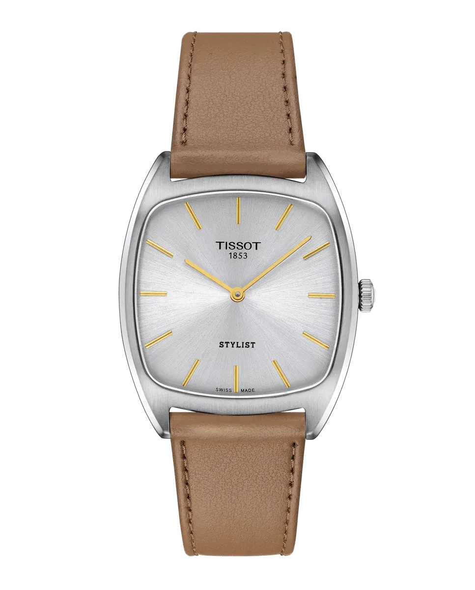 

Женские кварцевые часы Stylist из коричневой кожи Tissot, коричневый