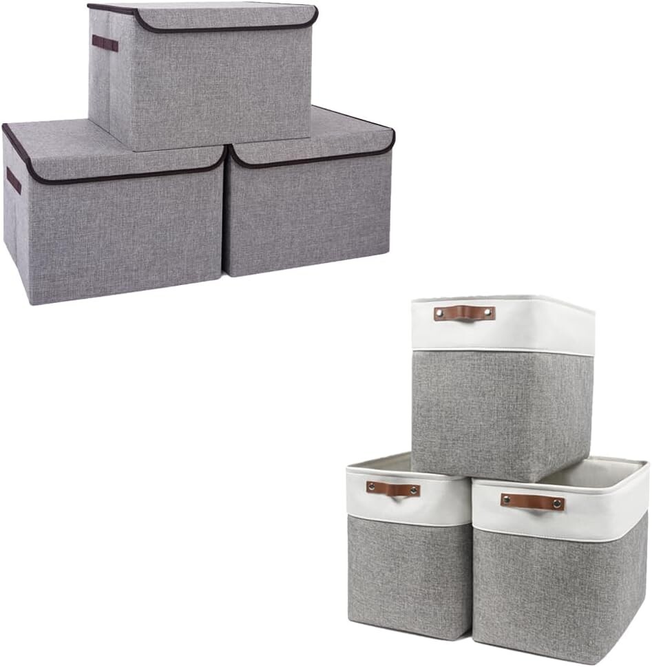 

Тканевый ящик для хранения с крышками 16,7 x 12 x 12 [3 упаковки] + корзина для хранения белья 17 x 12 x 15 [3 упаковки] (белый и серый) Bagnizer, White, Grey
