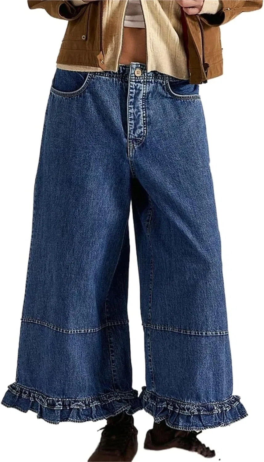 Джинсы с рюшами, широкие, High Waisted Elastic Denim Pants with Pockets, Dark Blue