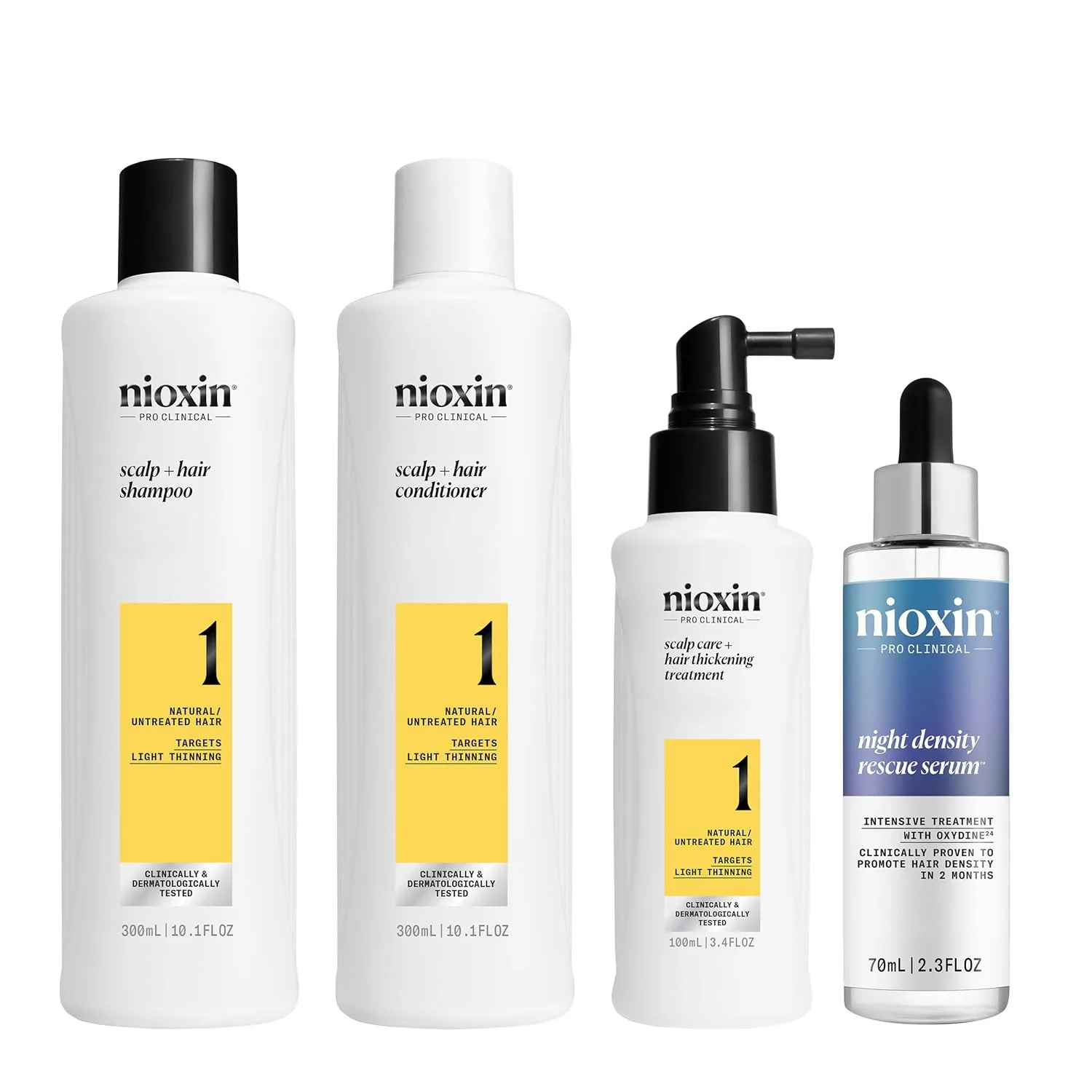 Nioxin Scalp + Hair Thickening System 1 Kit для натуральных волос с легким истончением: очищение, кондиционирование и уход + Night Density Rescue, ночная несмываемая антиоксидантная сыворотка для объема