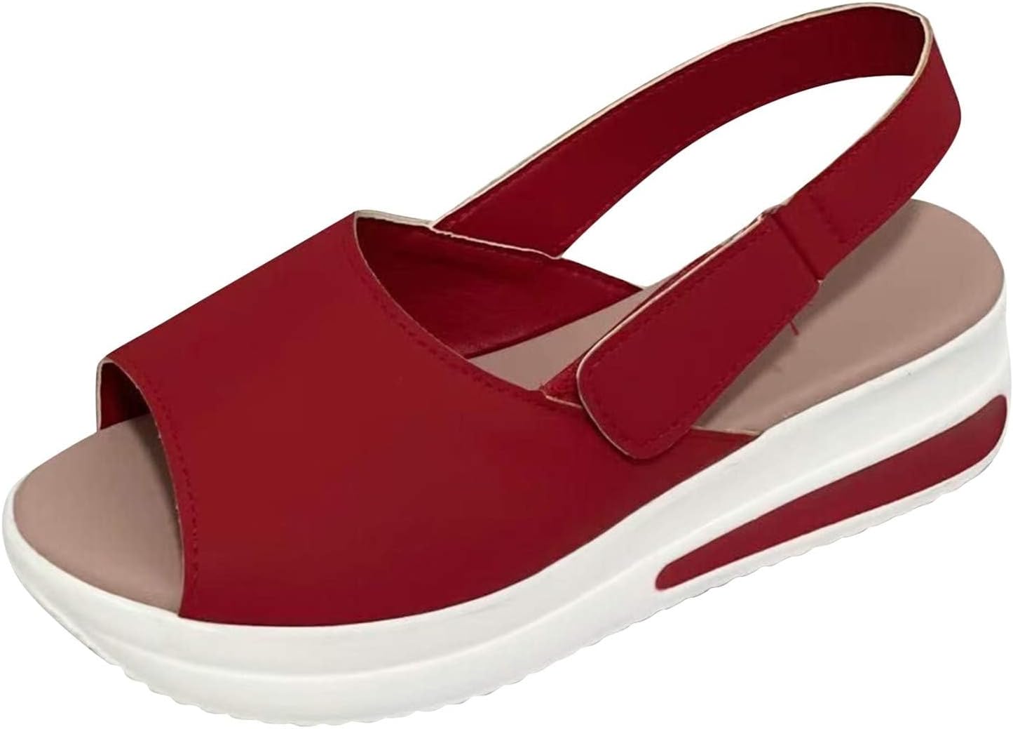 

Женские сандалии с ремешком сзади, летние удобные с открытым носком, сандалии на танкетке с ремешком на щиколотке и застежкой на крючок и петлю, повседневные нескользящие пляжные туфли на платформе, открытый носок, дышащие тапочки Generic, красн...