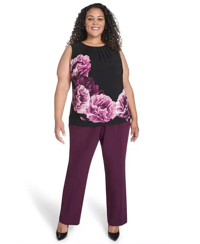 

Верх без рукавов с принтом и плиссированными деталями большого размера Calvin Klein, фиолетовый