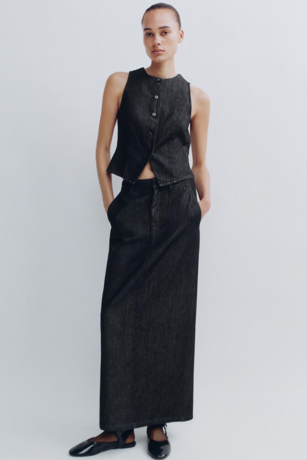 

Джинсовая юбка миди trf ZARA, антрацитовый серый
