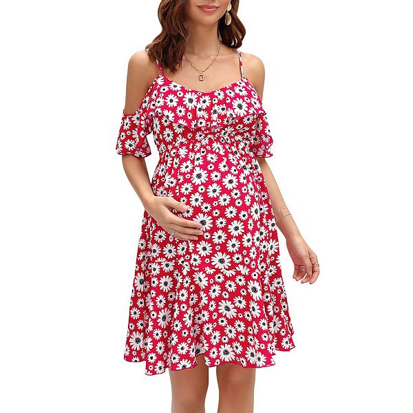 

Женское платье для беременных с цветочным принтом и холодным плечом Yesfashion, Red
