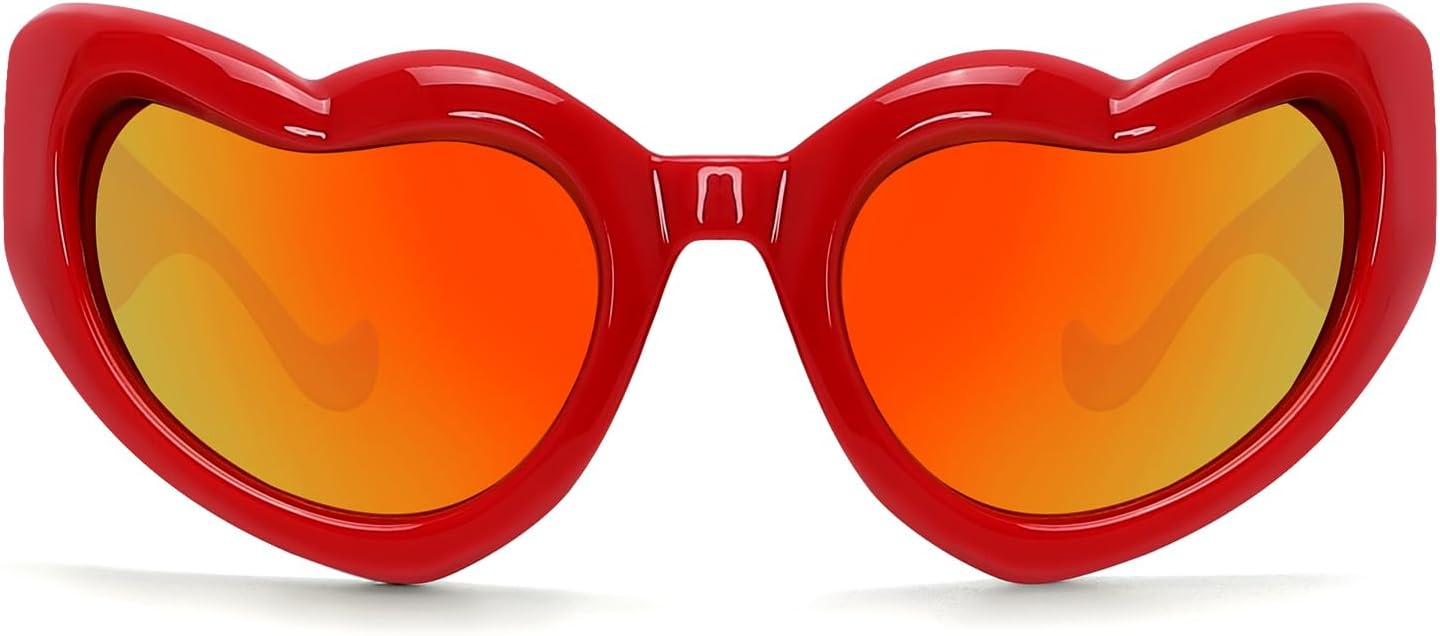 

Солнцезащитные очки TYA в форме сердца для женщин и мужчин, большие, обтекаемые, в стиле фанки, рейв, LOVE, массивные солнцезащитные очки, забавные оттенки, Red Chrome Frame - Colorful Lens