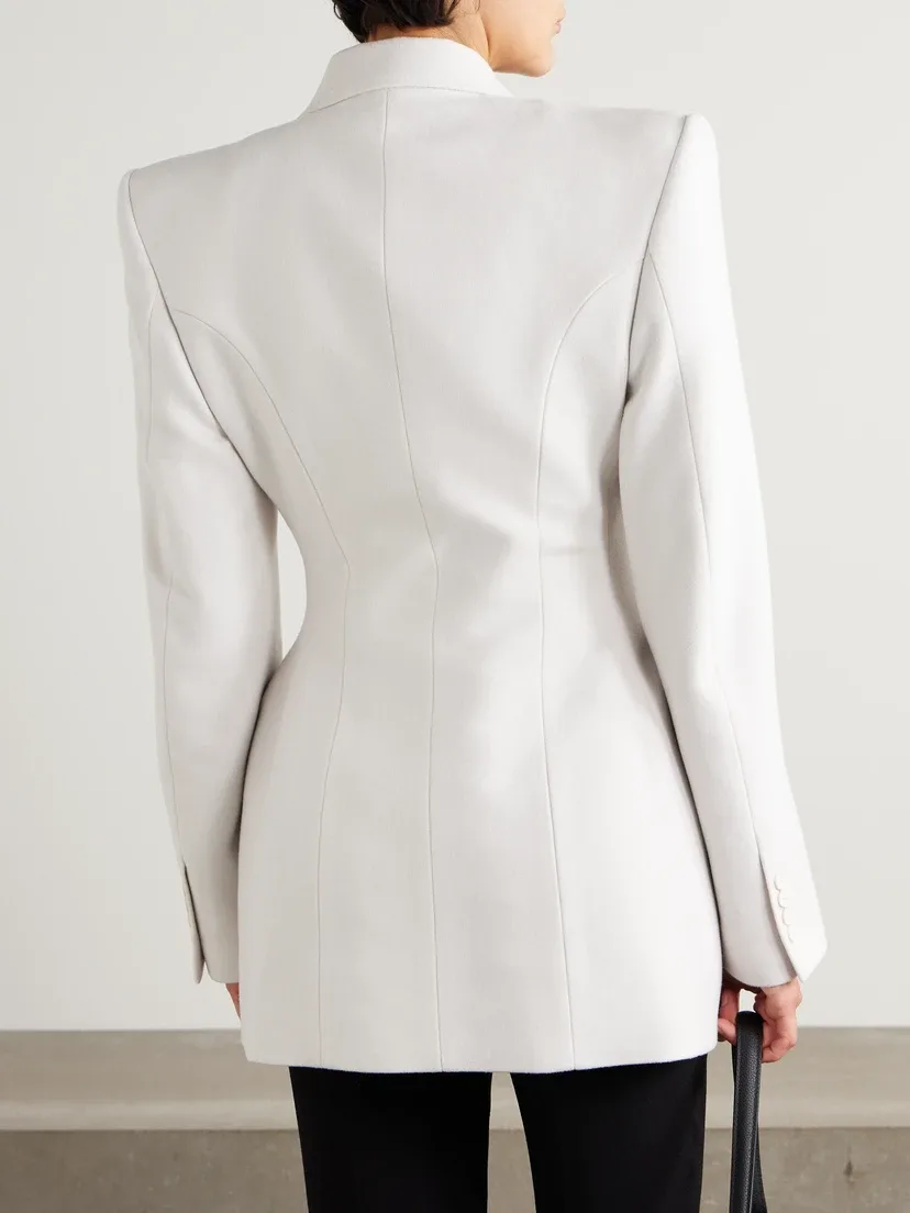 Двубортный кашемировый пиджак силуэта "песочные часы" BALENCIAGA, бежевый — фото 3