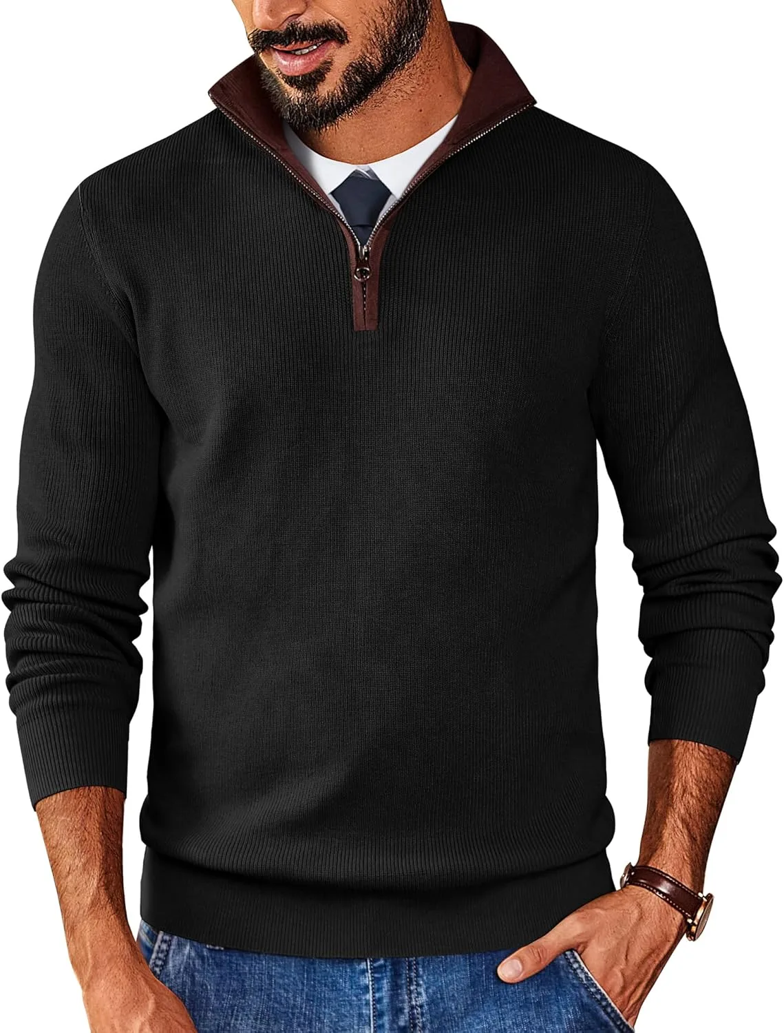 

COOFANDY мужской свитер с четвертью молнии Slim Fit с воротником-стойкой