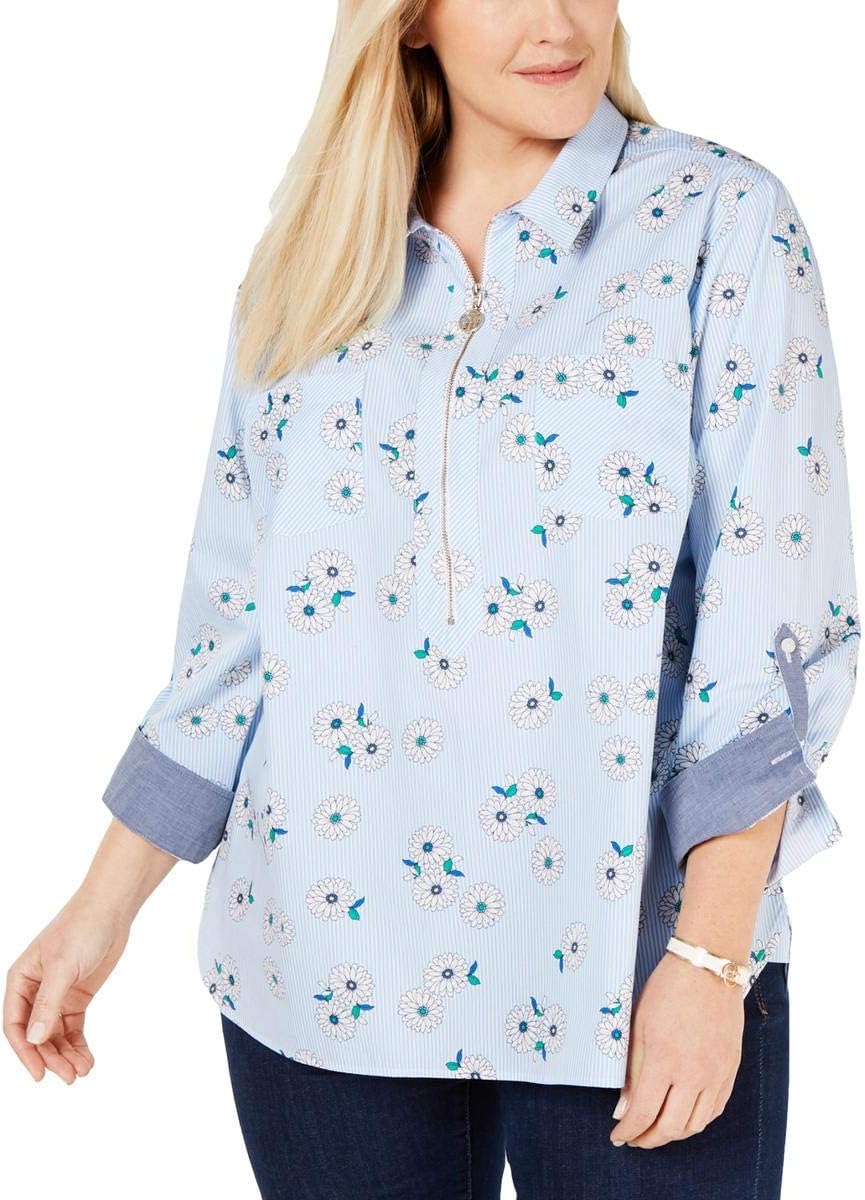 

Женский светло-голубой топ Tommy Hilfiger с карманами на молнии и цветочным принтом, рукавами 3/4, застежкой-молнией на воротнике, размер, Light Blue