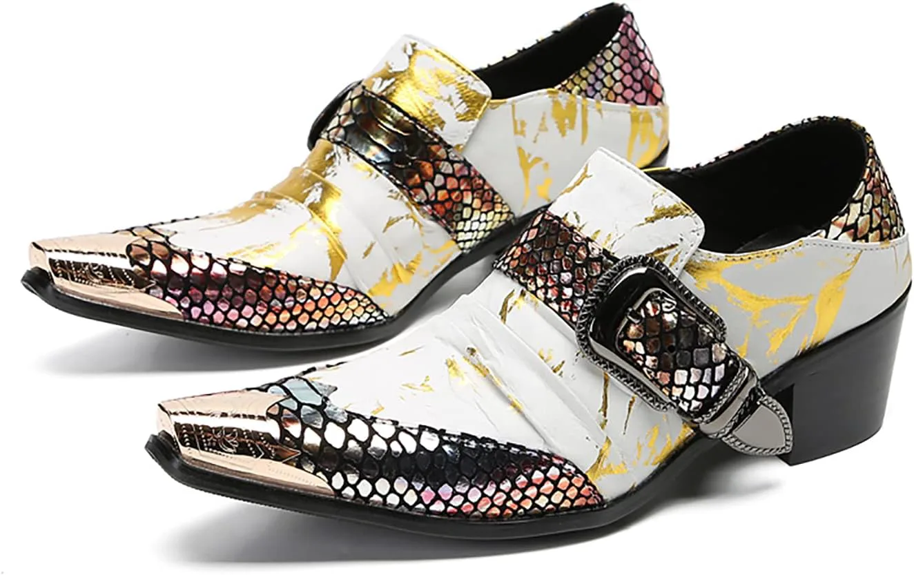 Мужские лоферы Santimon Loafers Party Dress, повседневные слипоны из натуральной кожи, двухцветные мокасины с пряжками, обувь с квадратным носком и каблуком, туфли для выпускного, свадьбы, смокинга, вестерн, бальные и диско для мужчин, белый — фото 3