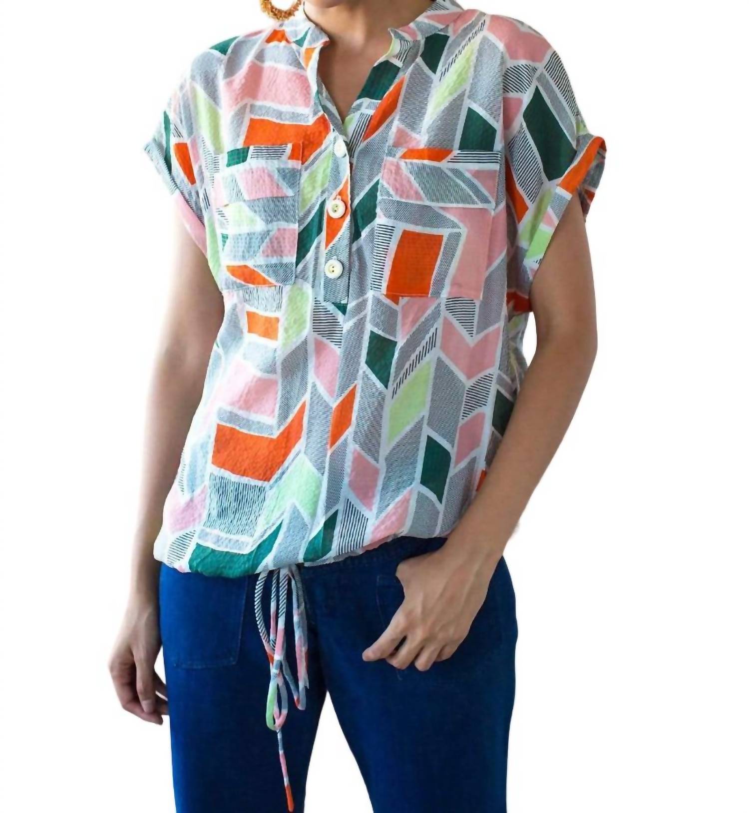 

Топ Nico с завязками на рукавах и подворотами персикового цвета с геометрическим узором EVA FRANCO