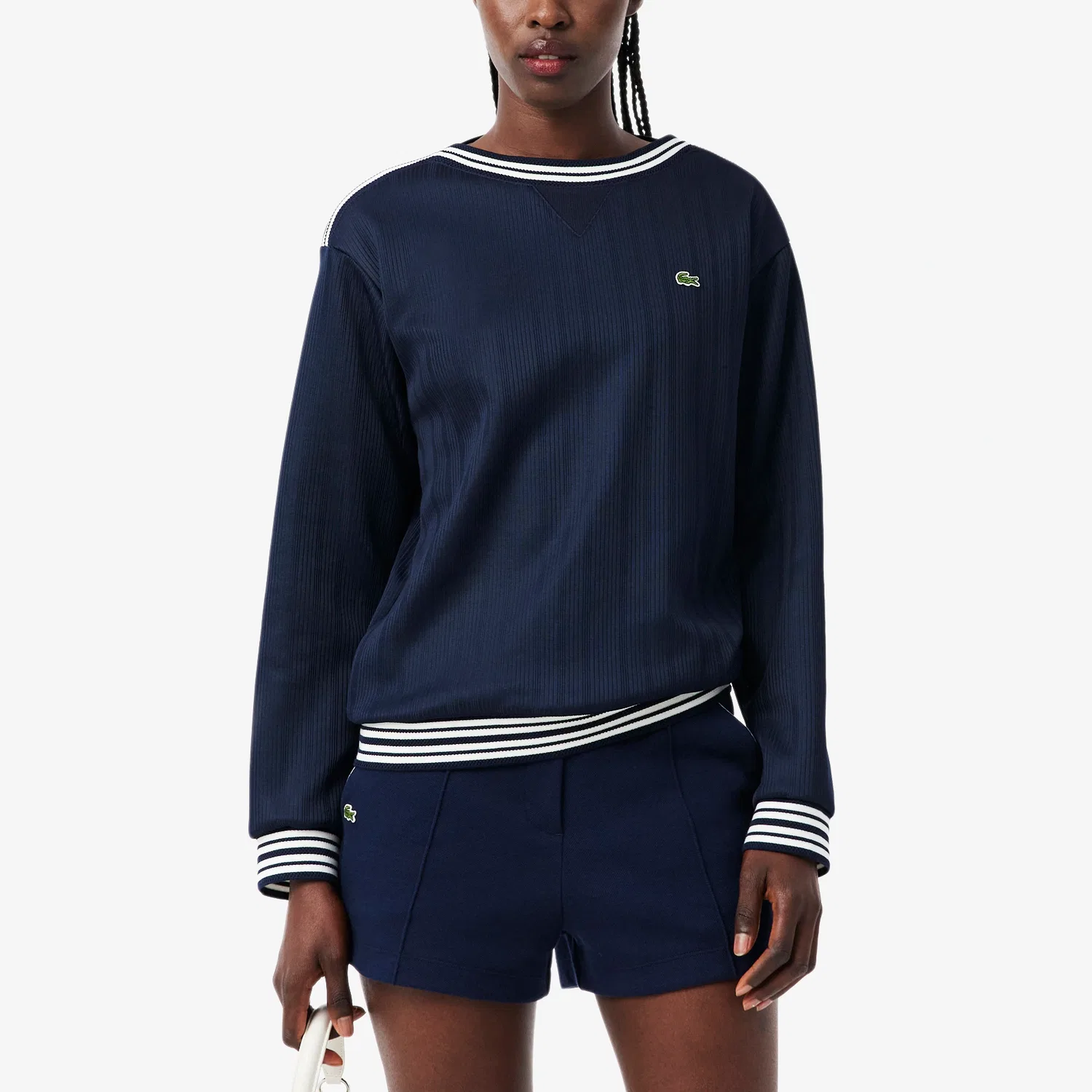 Свитшот женский LACOSTE полосатый, темно-синий/белый — фото 4