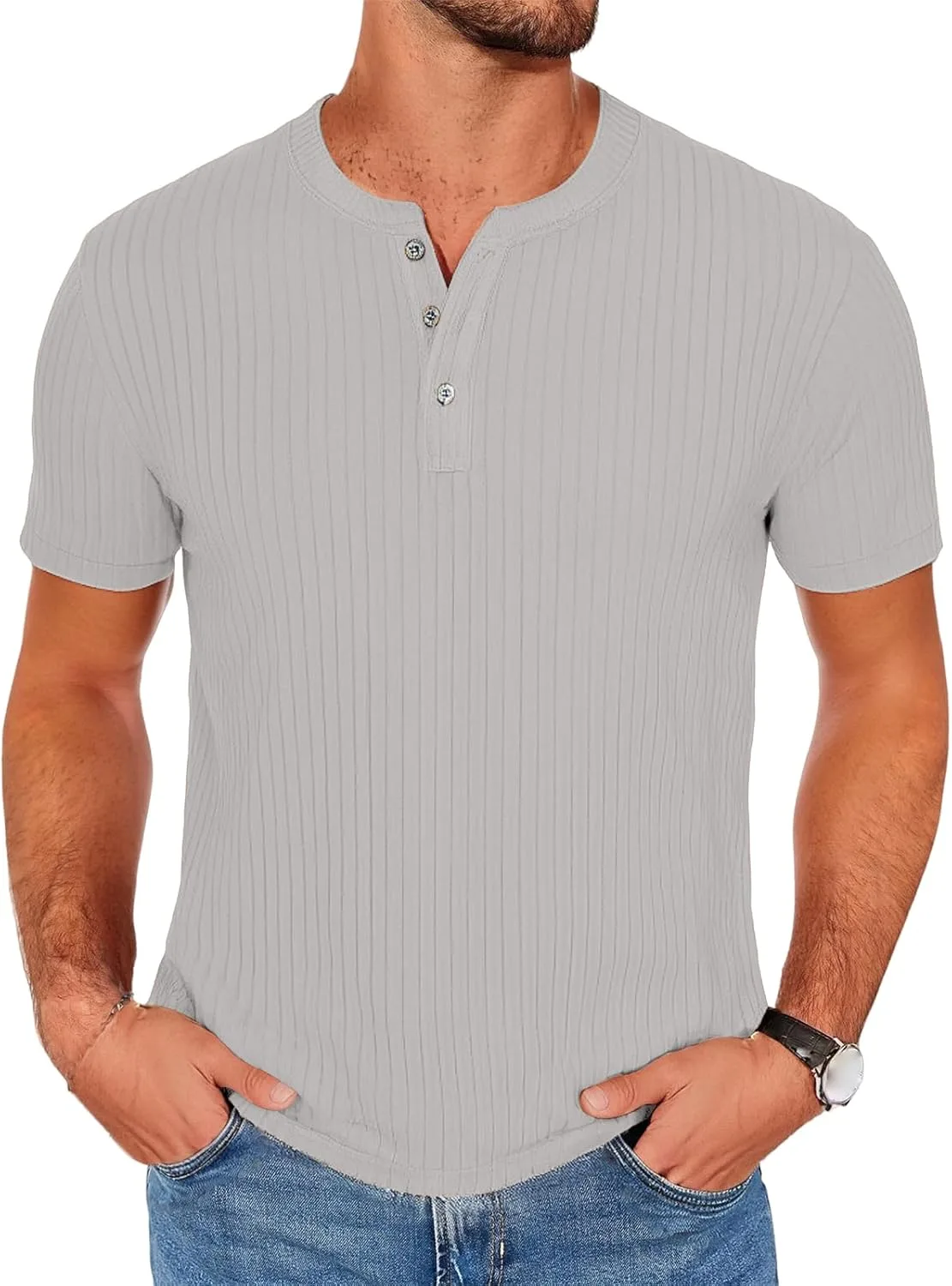 

Мужской вязаный хенли с коротким рукавом, Ribbed Stretch, Slim Fit CHXLQQX