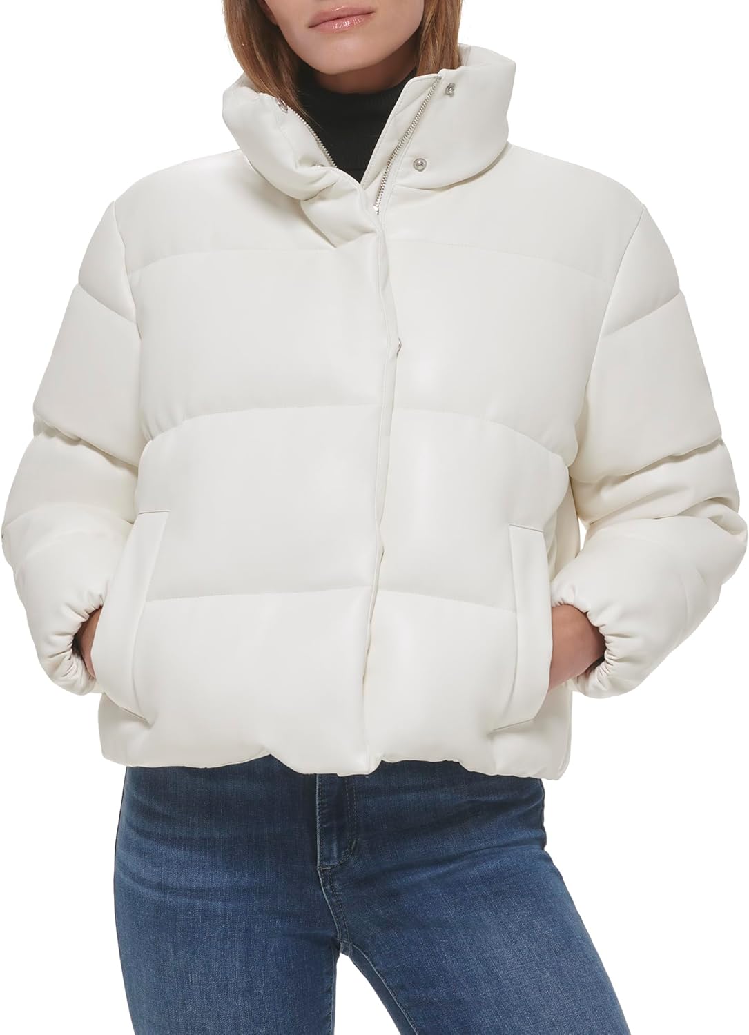 

Calvin Klein Женская короткая куртка-пуховик из искусственной кожи, Faux Leather Tofu