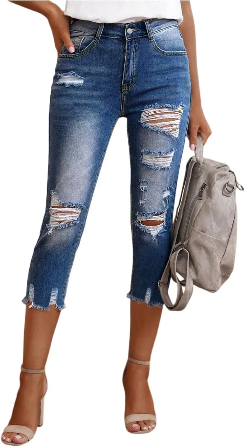 

Женские джинсы капри с потертостями и высоким поясом