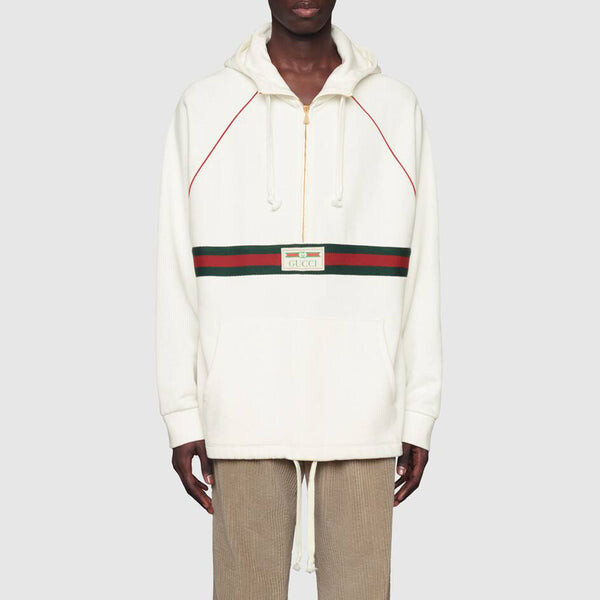 Толстовка Gucci Hooded Sweatshirt With Web & Gucci Label 'Ivory', цвет ivory/green/red — фото 2