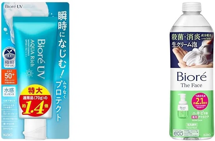 Солнцезащитная эссенция Biore UV Aqua Rich Watery Essence SPF50, 100 г + Пенка для умывания The Face Acne Care, 340 мл