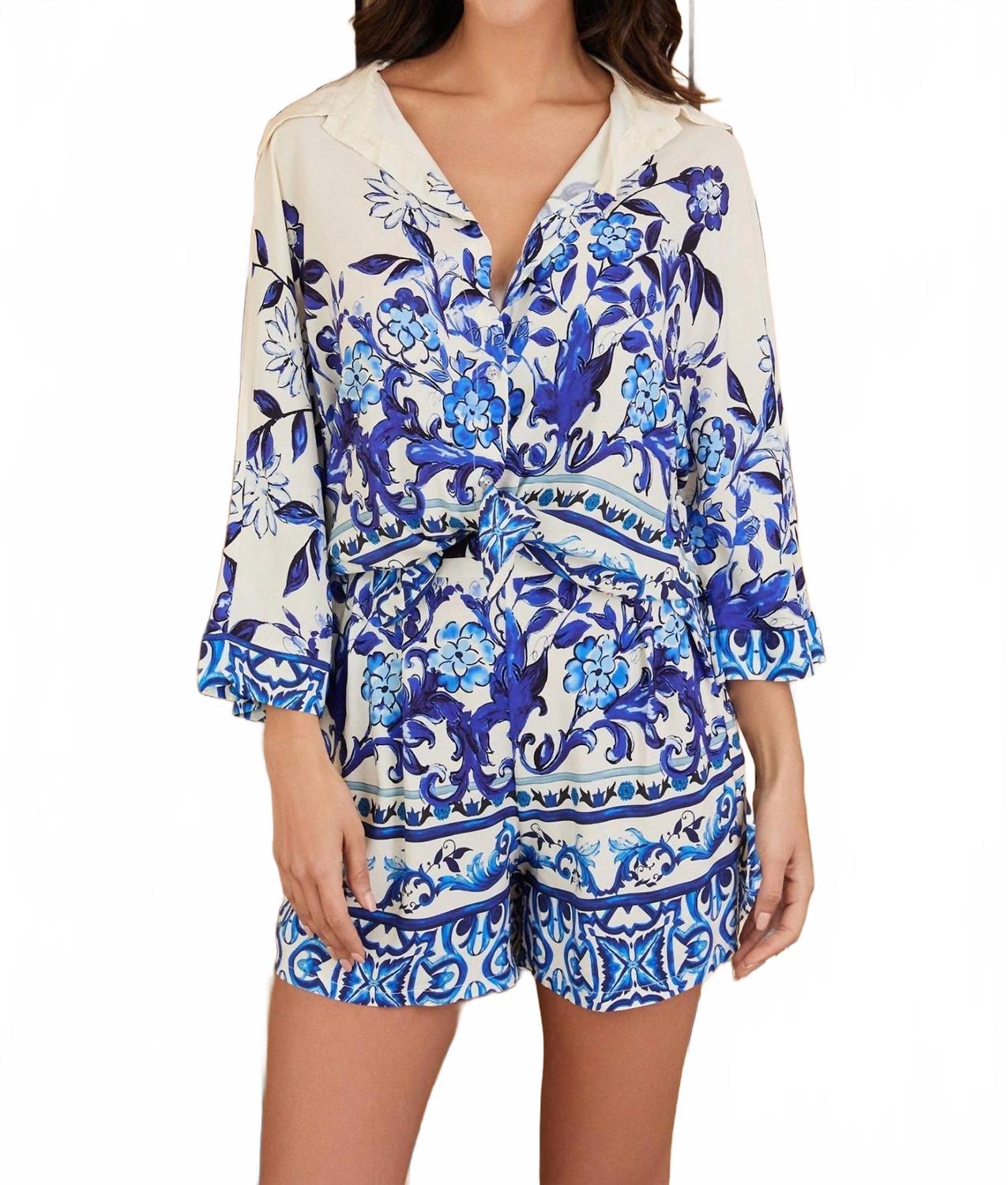 

Топ с цветочным узором и длинными рукавами на пуговицах, цвет слоновой кости/синий Milio Milano