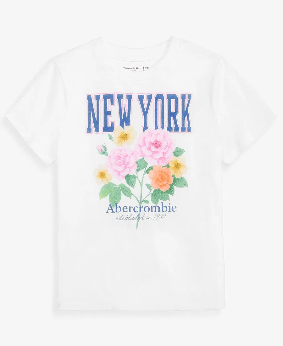 Детская футболка с цветочным принтом и круглым вырезом Abercrombie Kids, белый — фото 3