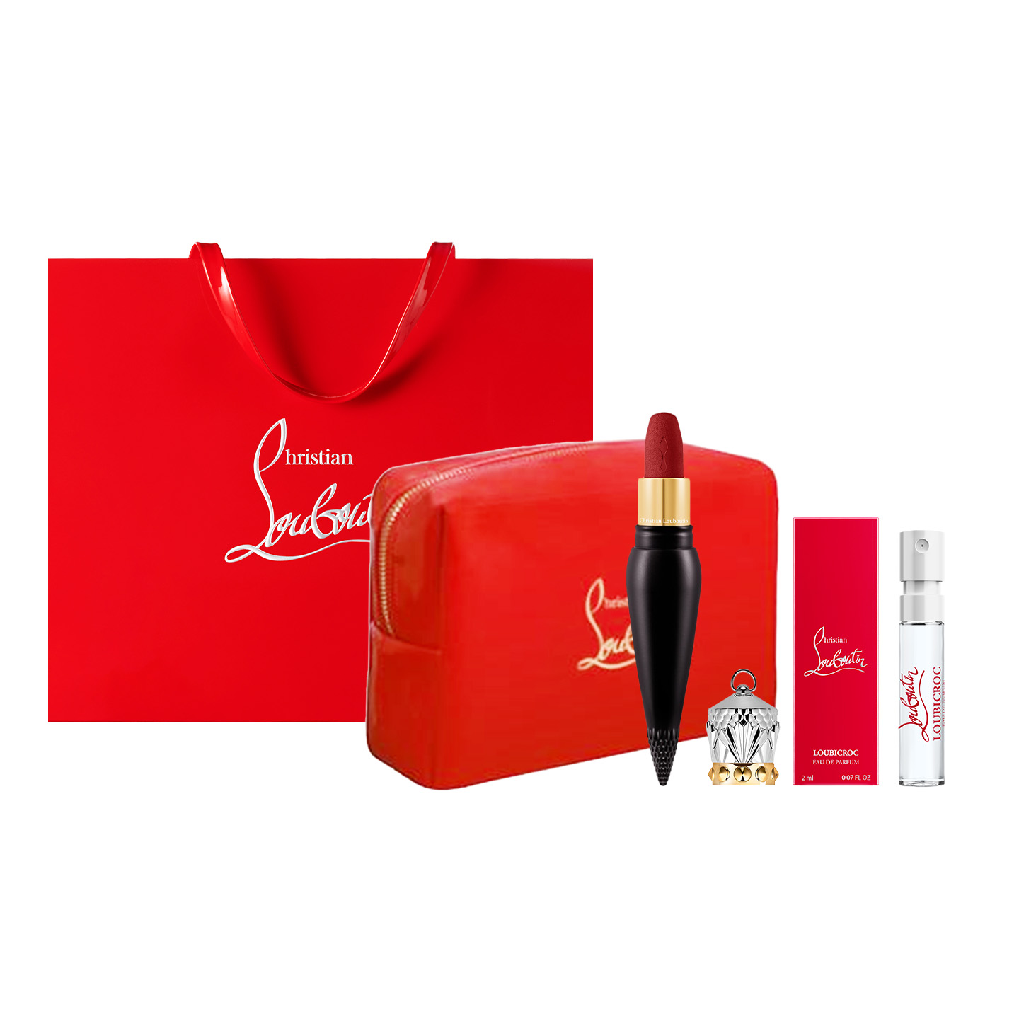 

Набор косметики для женщин Christian Louboutin, 318m розовый lipstick+shopping bag+kiss kiss perfume 2ml*2+makeup bag