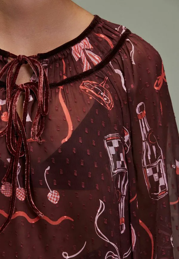 Блузка прямого кроя с длинными рукавами Next, Burgundy Red Pink Festive Bow Print — фото 4