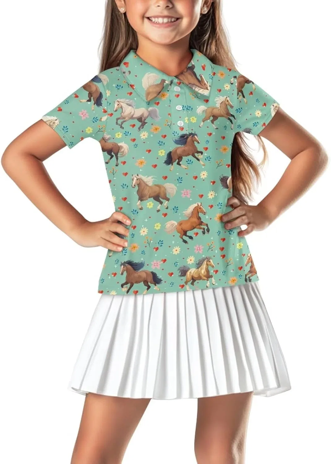 Поло для девочек с воротником Snilety Green Floral Horse