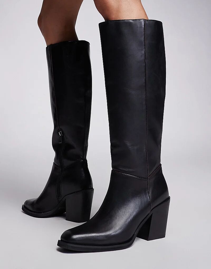 Кожаные сапоги до колена черного цвета River Island