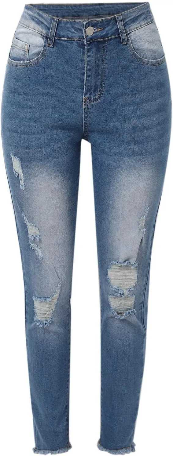 Женские рваные скинни джинсы distressed denim с высокой талией — фото 4