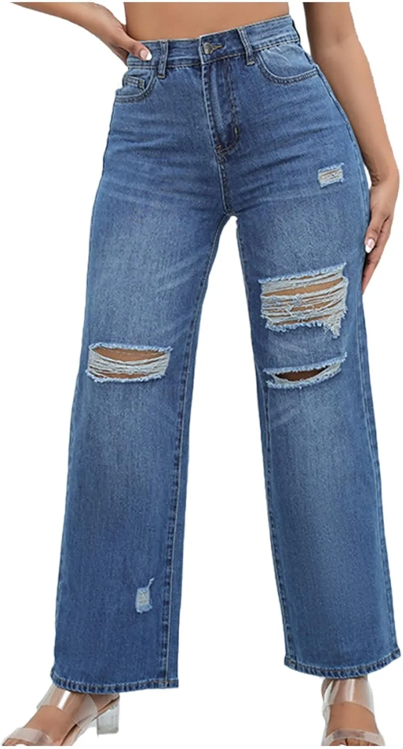 

Женские рваные джинсы прямого кроя, Casual High Waisted Streetwear Wide Leg с карманами HGps8w