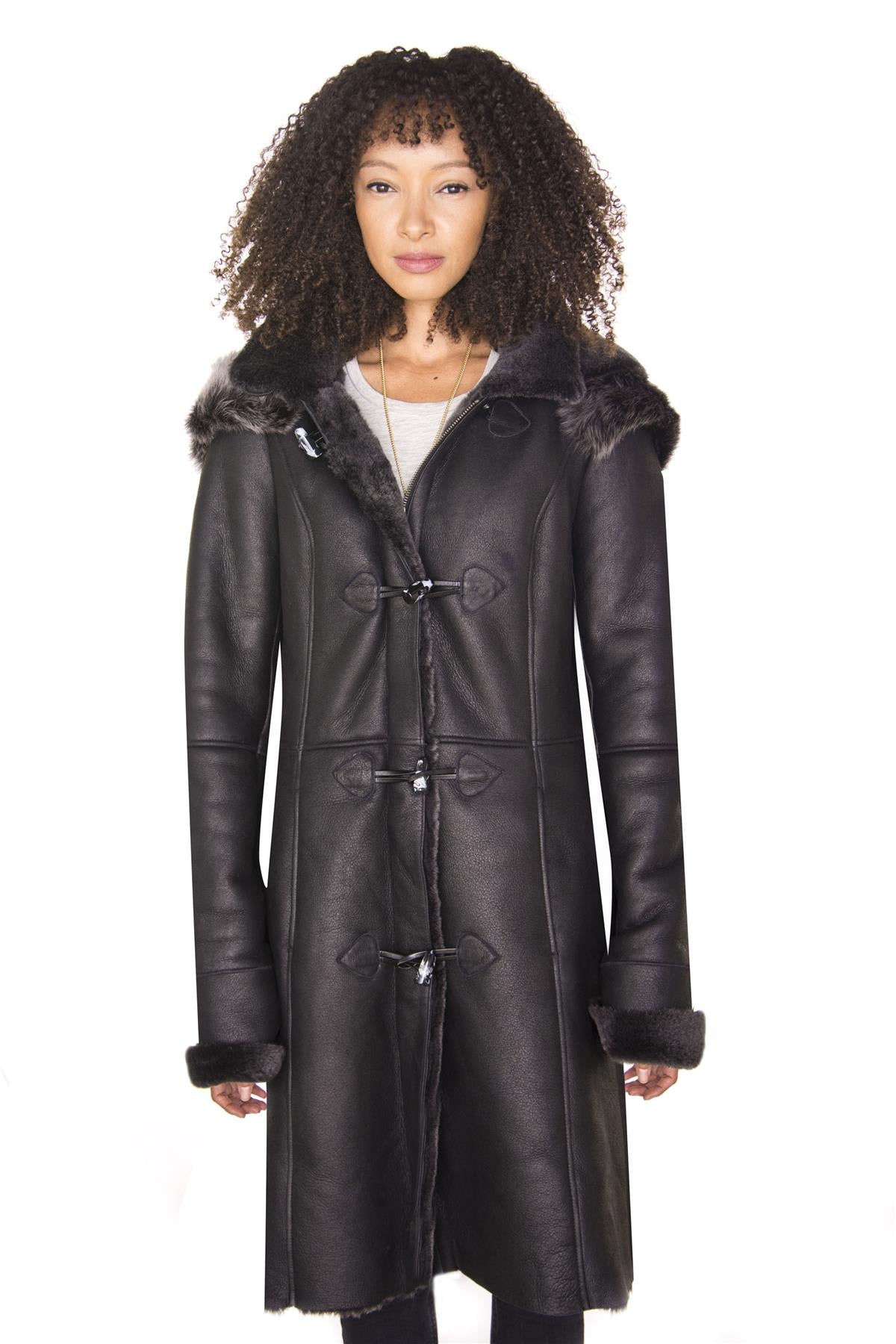 

Женское черное дубленое пальто с капюшоном Redhill Infinity Leather