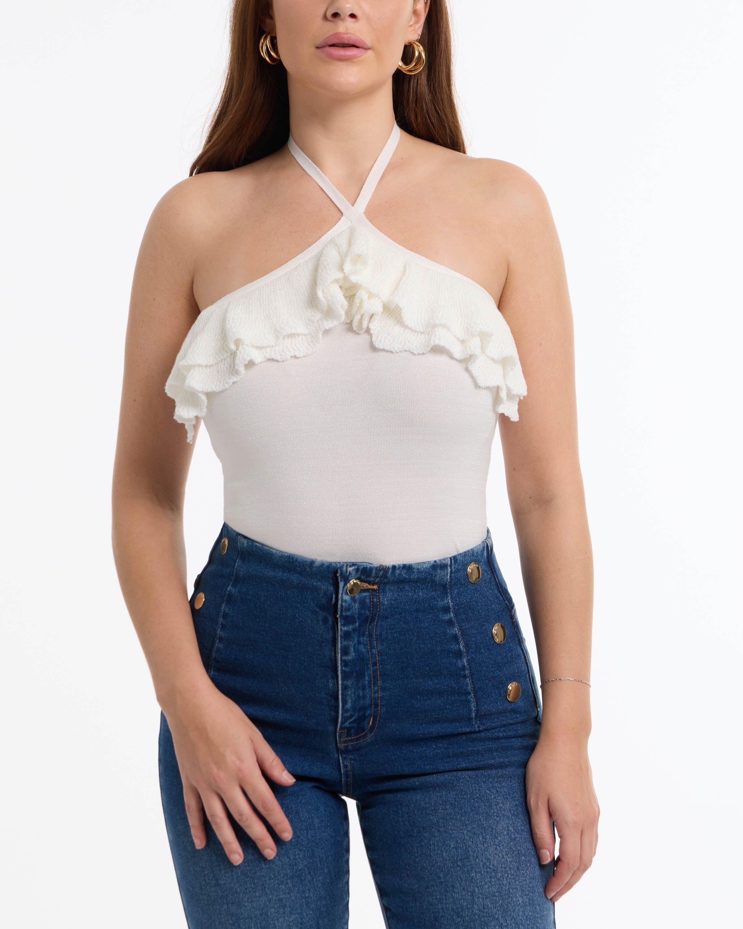 

Женский свитер BEBE с люрексом и оборками, цвет white aegean