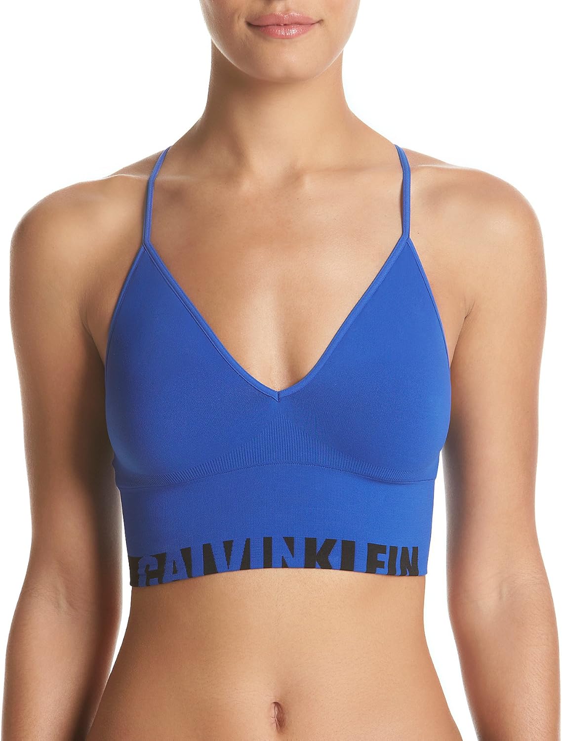 

Женский бесшовный бюстгальтер-бралетт Calvin Klein с логотипом и удлиненным рукавом, Amplified Blue