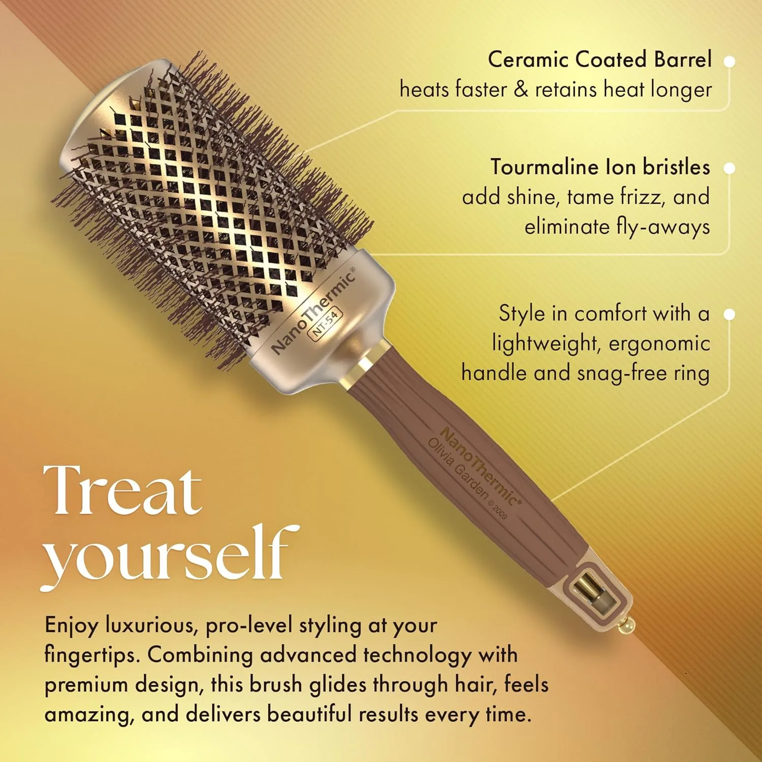 Термощетка для укладки волос Olivia Garden NanoThermic Ceramic + Ion Round Thermal Hair Brush - не электрическая - профессиональная щетка для нормальных и густых волос. 5,4 см, Gold / Chocolate — фото 3