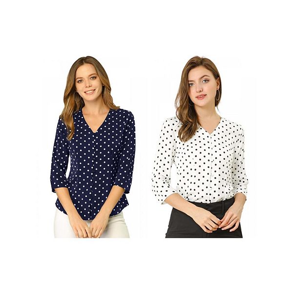 

2 упаковки женской блузки с коротким рукавом и пуговицами спереди в горошек Inspire Chic, Dark Blue White