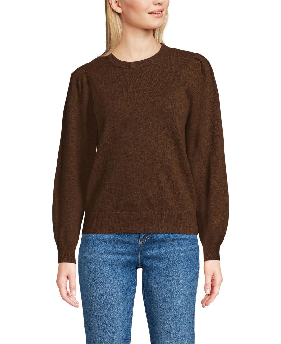 

Женский кашемировый свитер с пышными рукавами и круглым вырезом Lands' End, Dark carob heather