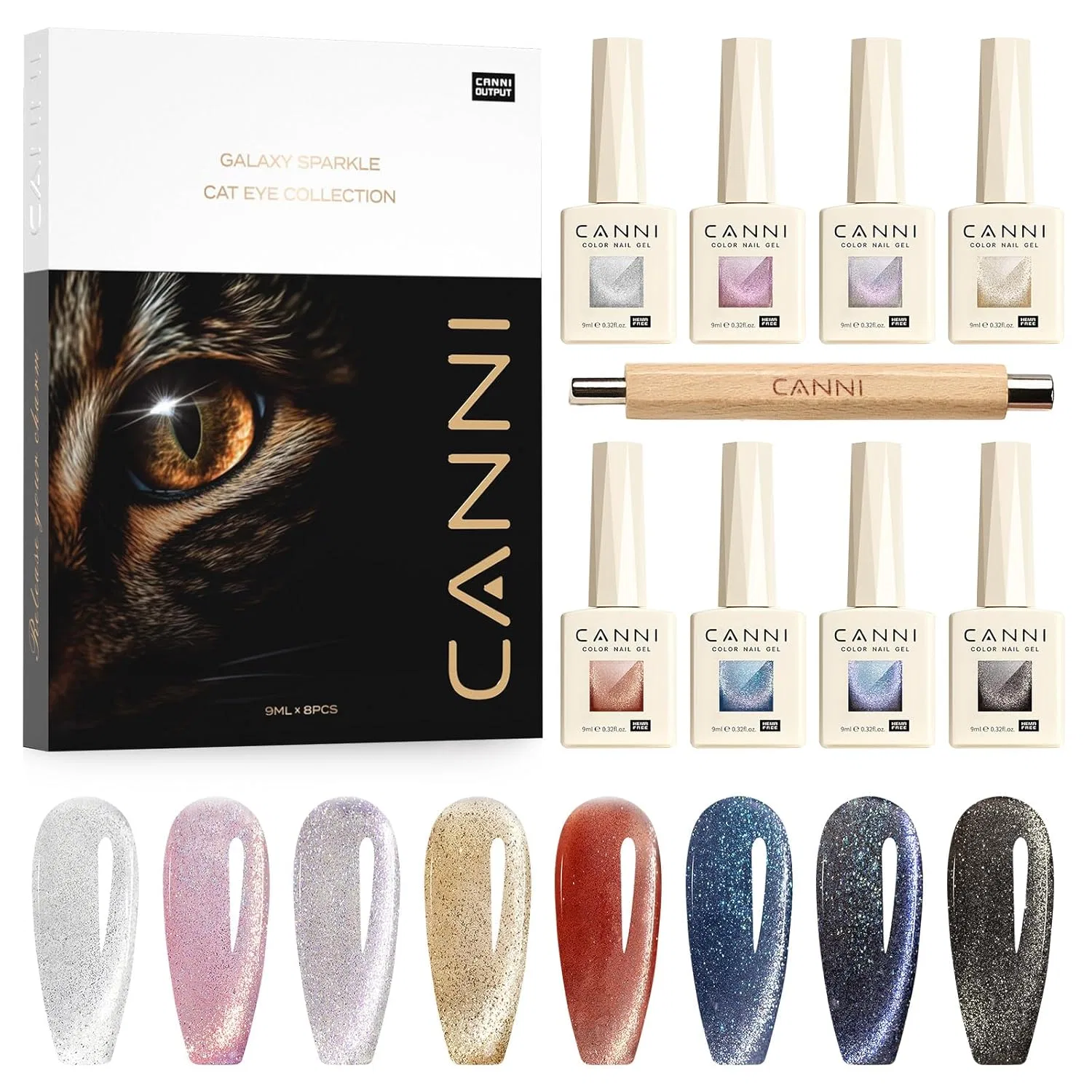 Набор UV-гель-лаков CANNI Cat Eyes Glitter, 8 цветов Canni, Silver, Pink, Gold, Red, Blue, Black