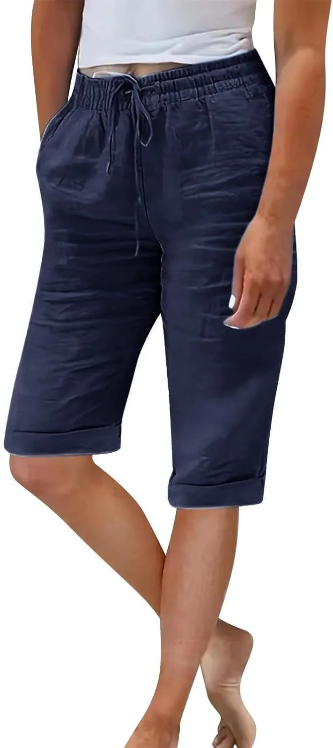 

Бермуды для женщин: хлопок-лён, длина до колена, эластичный пояс Kifszeury