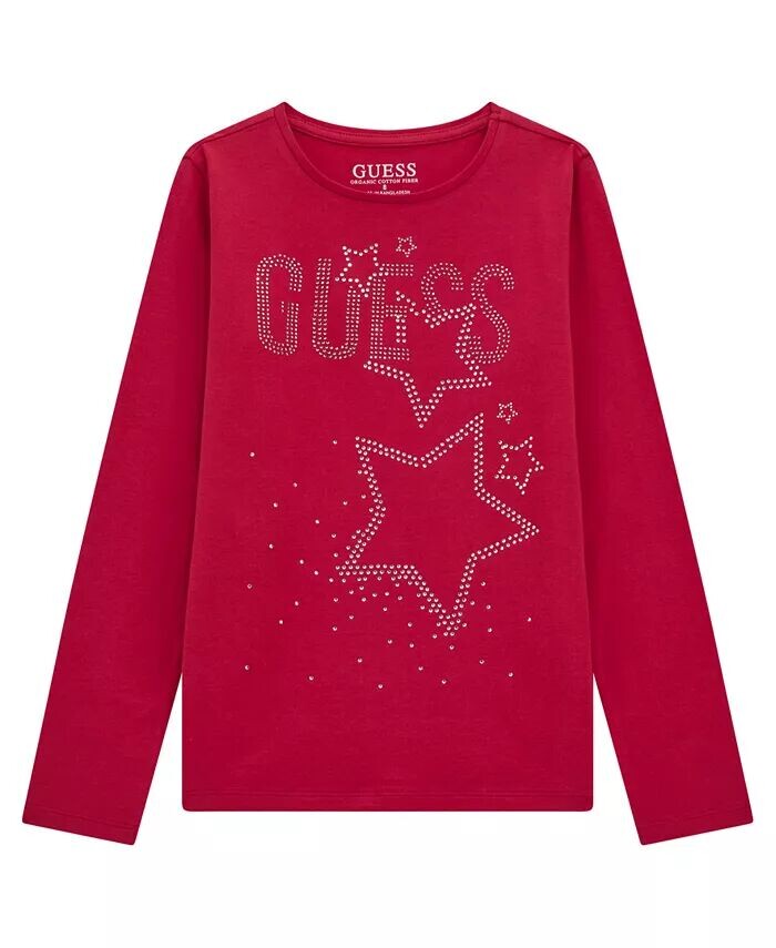 

Футболка с длинными рукавами и логотипом из страз для больших девочек GUESS, розовый