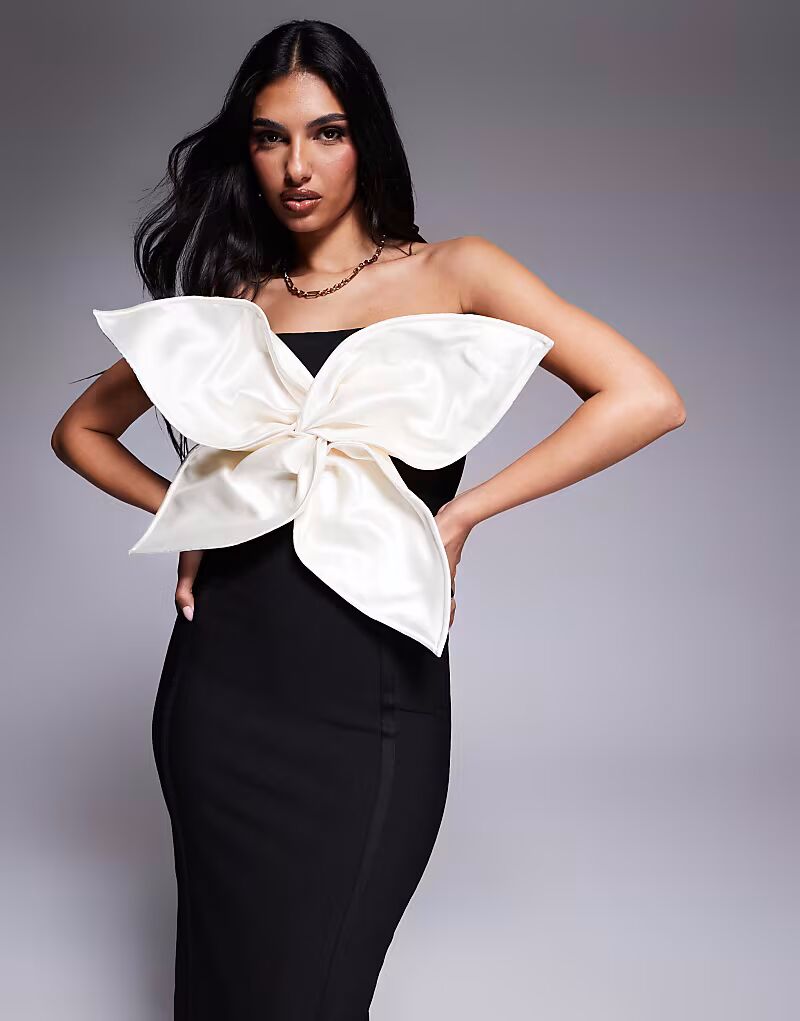 

Платье-бандаж миди премиум-класса ASOS DESIGN с контрастным кремовым атласным цветком черного цвета